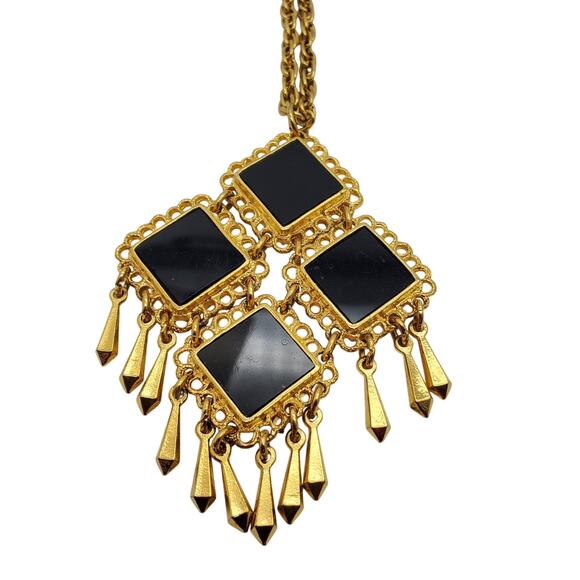 Celebrity Black White Pendant Necklace Clip Earrings Gold Fringe Retro Statement - Picture 9 of 11